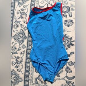 Mariia Crown leotard blue leotard with red trim. Adult Small